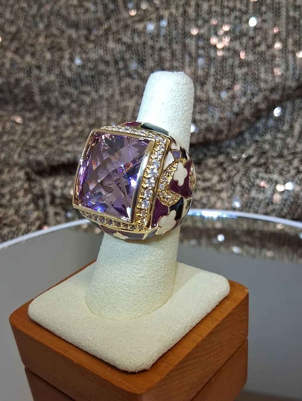 Gold-Tone Enamel Ring with Faceted Lilac Purple Crystal
